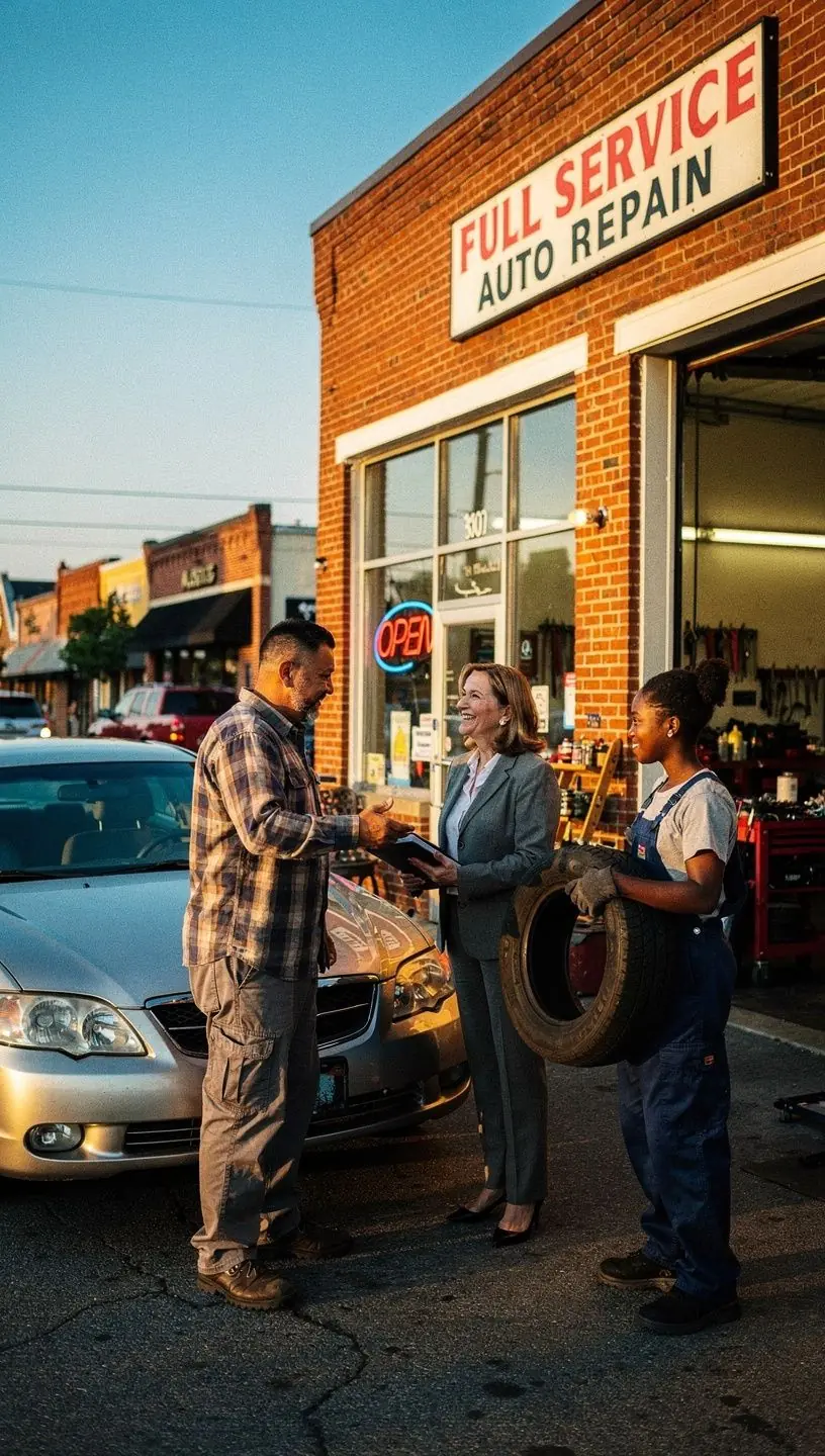 Autos werden in einer modernen Werkstatthalle mit Hebebühnen für Reparaturarbeiten vorbereitet
